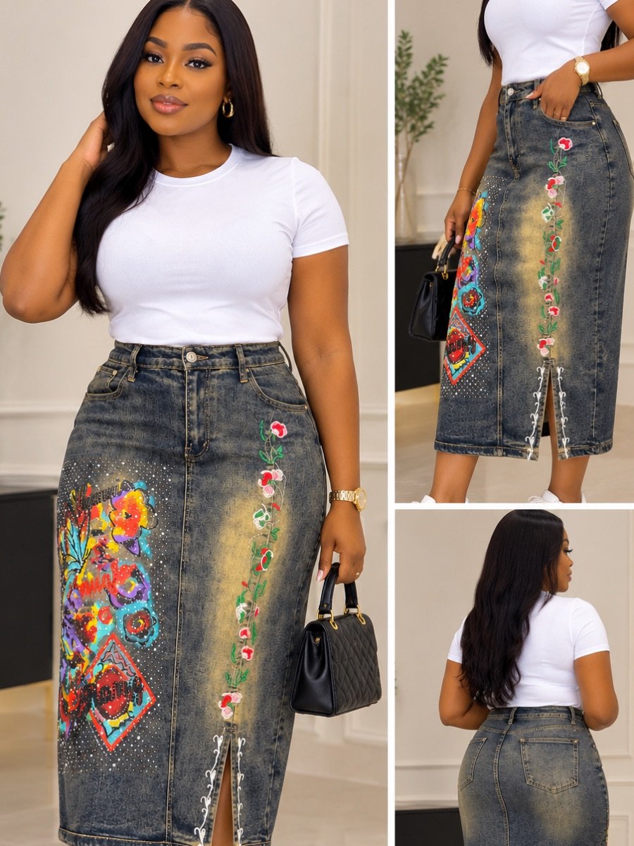 Embroidered Graffiti Denim Midi Skirt