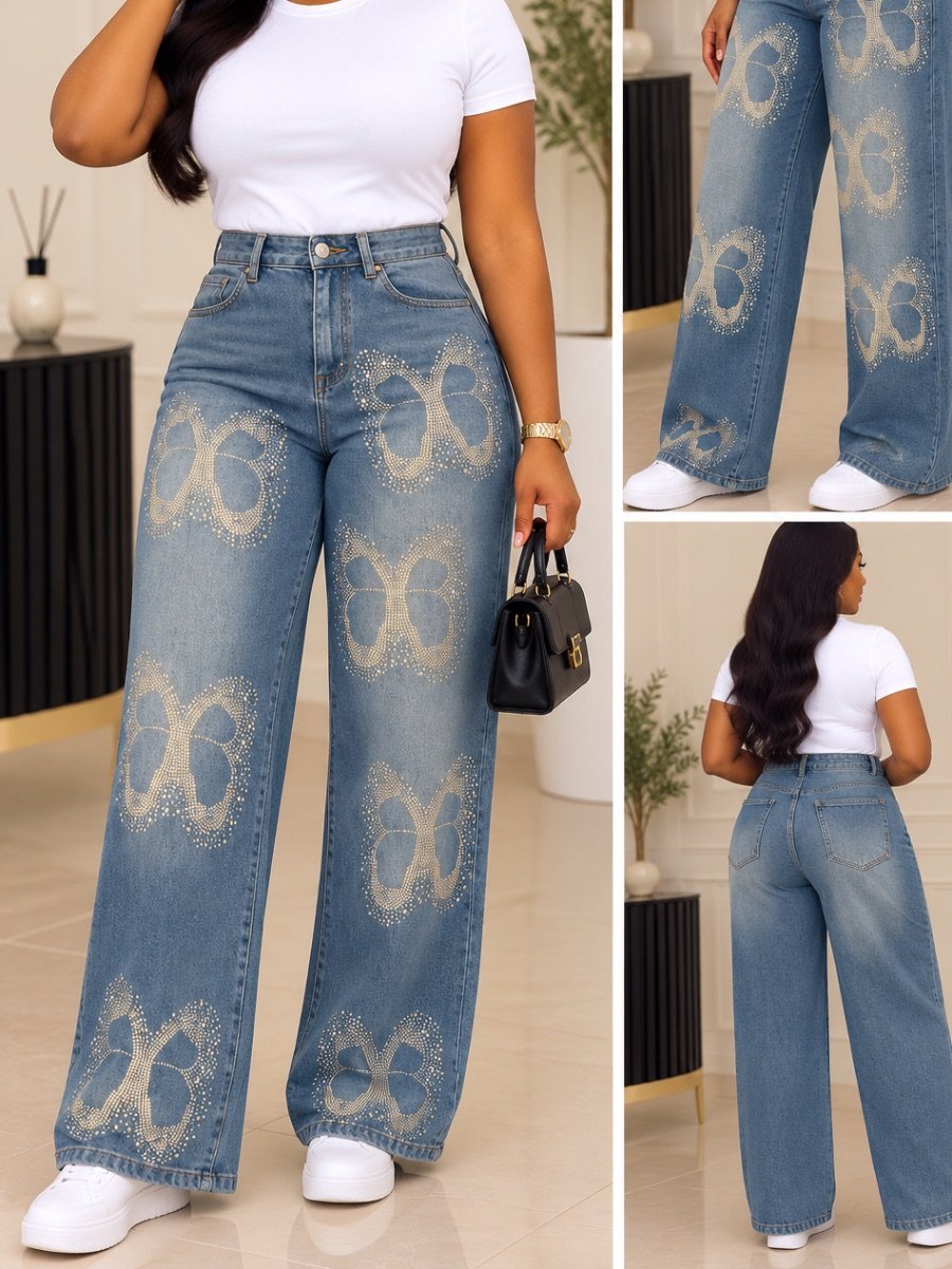🦋 Butterfly Bling Wide-Leg Jeans