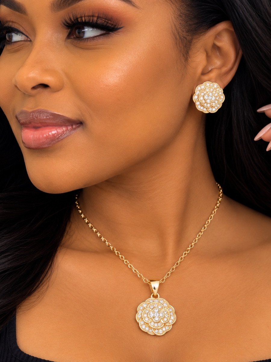 Rose Elegance Zircon Necklace & Earrings Set