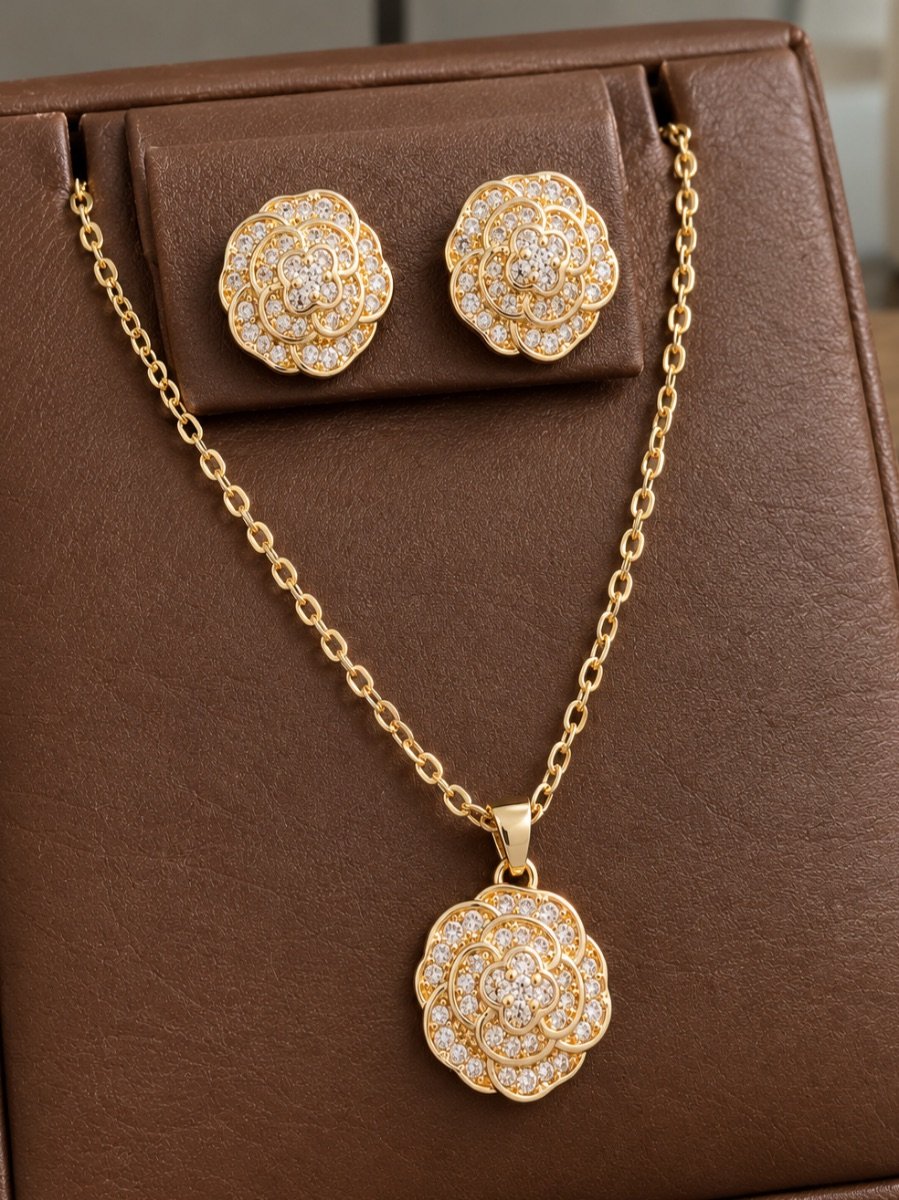 Rose Elegance Zircon Necklace & Earrings Set