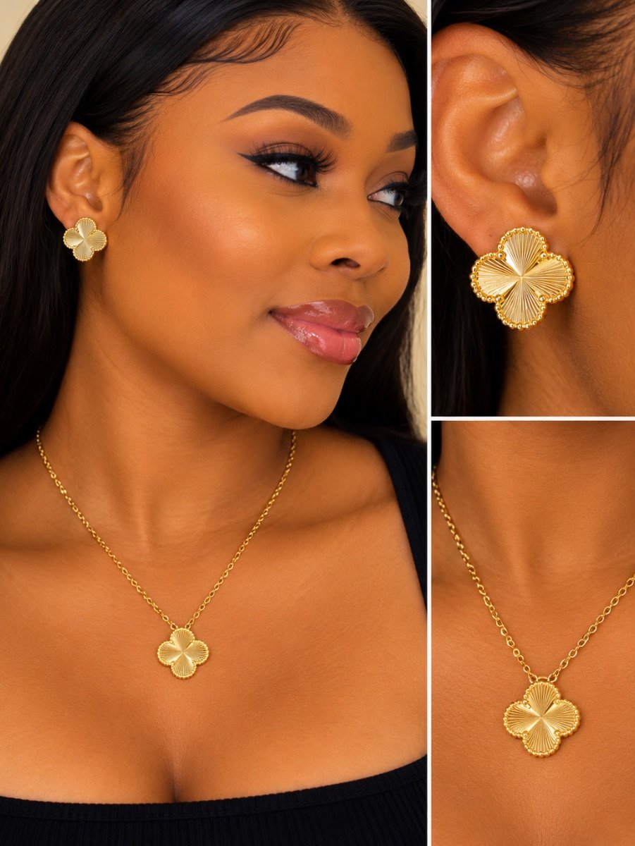 Gold Plated Premium Clover Motif Necklace & Earrings Set